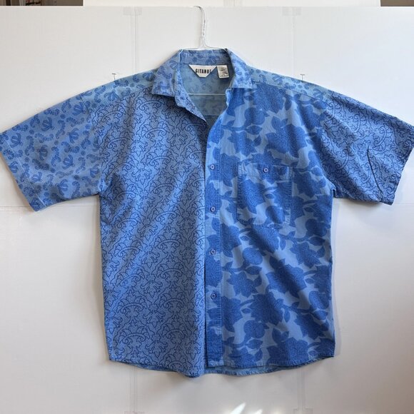 Vintage 90s Gitano Floral Shirt L Blue Cotton Button Front - Picture 2 of 8
